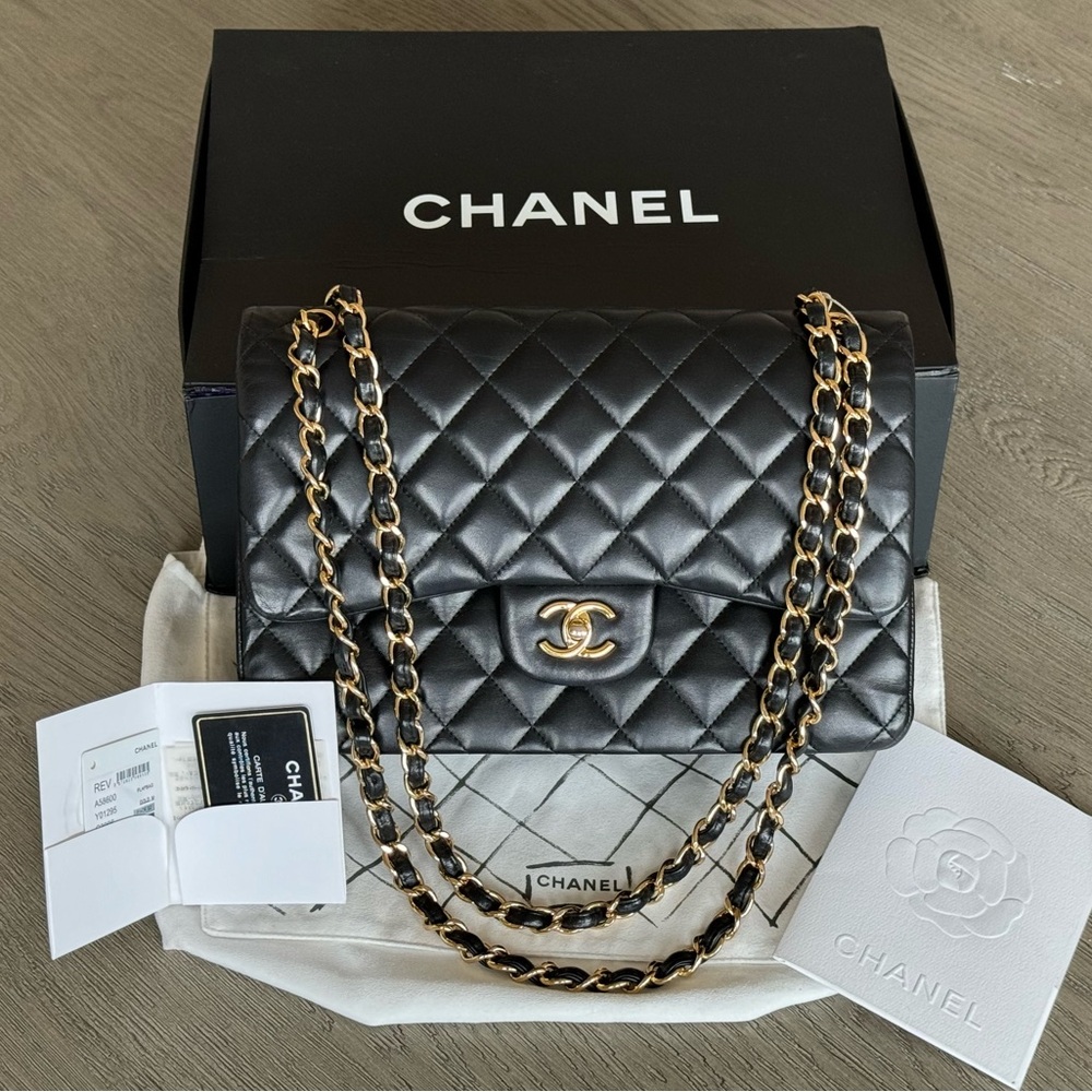 ‼️SOLD‼️ AUTHENTIC CHANEL Classic Jumbo Double Flap Bag, Lambskin, Blk, Gold H/W